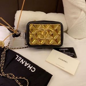 Chanel Gold Quilted Metal & Black Lambskin Mini Vanity Bag